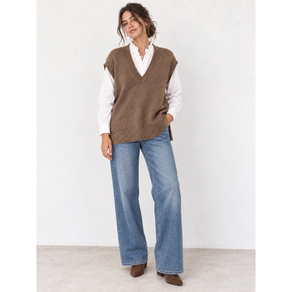 LOFT Sweater Vest Large Brown Knit White Ruffle Shirt Layered 2-in-1 Top Cotton